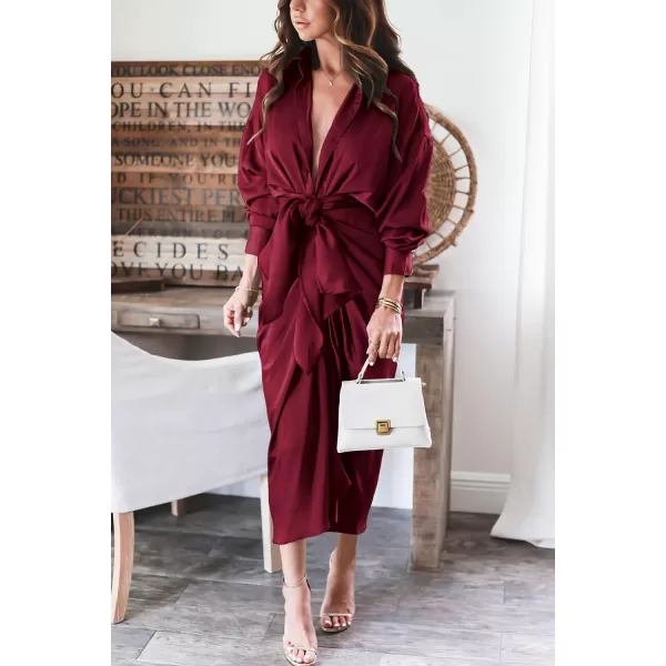 imageBTFBM Women 2023 Long Sleeve Lapel V Neck Button Down Satin Dress Belted Elegant Ruched Summer Fall Maxi Shirt DressesSolid Dark Wine Red