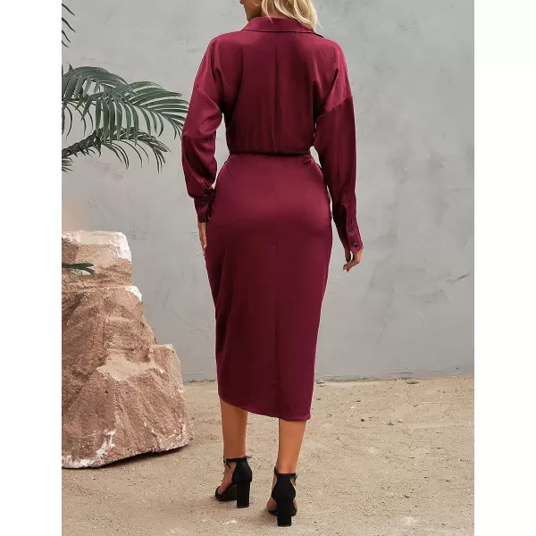 imageBTFBM Women 2023 Long Sleeve Lapel V Neck Button Down Satin Dress Belted Elegant Ruched Summer Fall Maxi Shirt DressesSolid Dark Wine Red