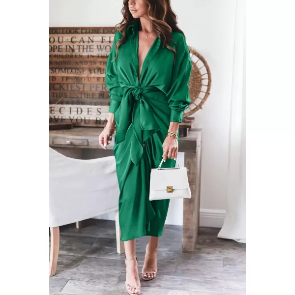 imageBTFBM Women 2023 Long Sleeve Lapel V Neck Button Down Satin Dress Belted Elegant Ruched Summer Fall Maxi Shirt DressesSolid Deep Green