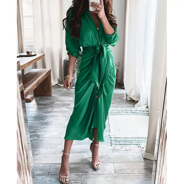imageBTFBM Women 2023 Long Sleeve Lapel V Neck Button Down Satin Dress Belted Elegant Ruched Summer Fall Maxi Shirt DressesSolid Deep Green