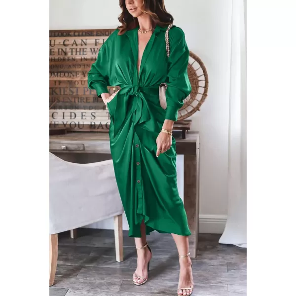 imageBTFBM Women 2023 Long Sleeve Lapel V Neck Button Down Satin Dress Belted Elegant Ruched Summer Fall Maxi Shirt DressesSolid Deep Green