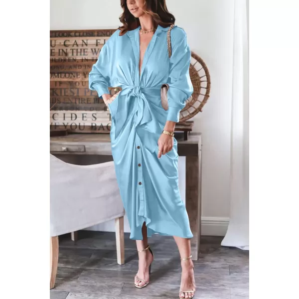 imageBTFBM Women 2023 Long Sleeve Lapel V Neck Button Down Satin Dress Belted Elegant Ruched Summer Fall Maxi Shirt DressesSolid Light Blue