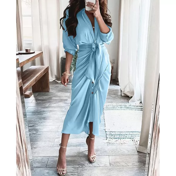 imageBTFBM Women 2023 Long Sleeve Lapel V Neck Button Down Satin Dress Belted Elegant Ruched Summer Fall Maxi Shirt DressesSolid Light Blue