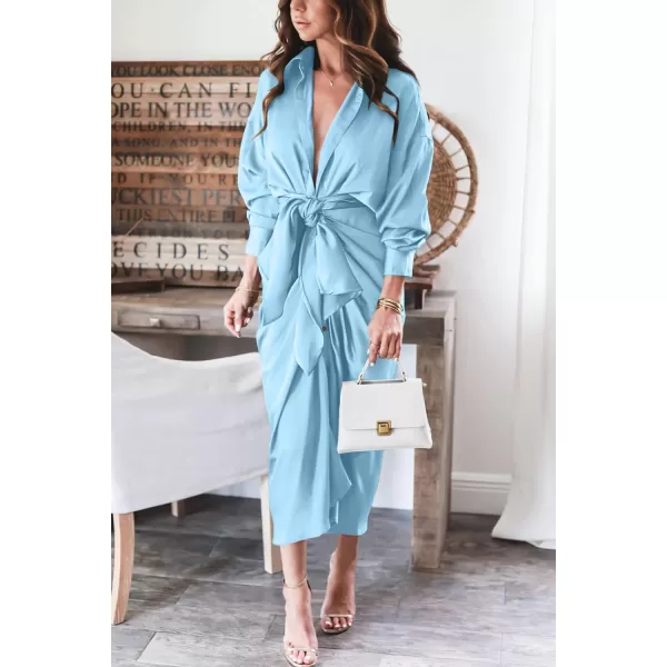 imageBTFBM Women 2023 Long Sleeve Lapel V Neck Button Down Satin Dress Belted Elegant Ruched Summer Fall Maxi Shirt DressesSolid Light Blue