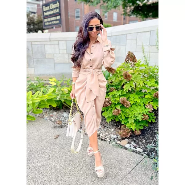 imageBTFBM Women 2023 Long Sleeve Lapel V Neck Button Down Satin Dress Belted Elegant Ruched Summer Fall Maxi Shirt DressesSolid Light Khaki