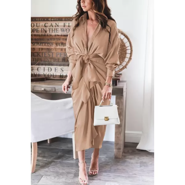imageBTFBM Women 2023 Long Sleeve Lapel V Neck Button Down Satin Dress Belted Elegant Ruched Summer Fall Maxi Shirt DressesSolid Light Khaki