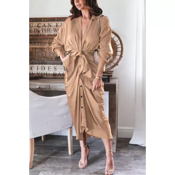 imageBTFBM Women 2023 Long Sleeve Lapel V Neck Button Down Satin Dress Belted Elegant Ruched Summer Fall Maxi Shirt DressesSolid Light Khaki