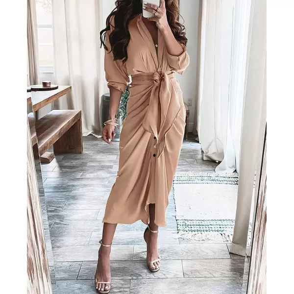 imageBTFBM Women 2023 Long Sleeve Lapel V Neck Button Down Satin Dress Belted Elegant Ruched Summer Fall Maxi Shirt DressesSolid Light Khaki