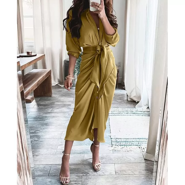 imageBTFBM Women 2023 Long Sleeve Lapel V Neck Button Down Satin Dress Belted Elegant Ruched Summer Fall Maxi Shirt DressesSolid Olive Green