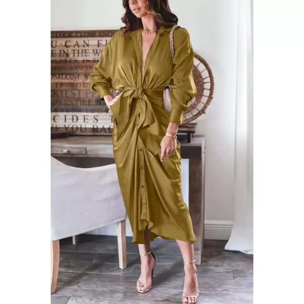 imageBTFBM Women 2023 Long Sleeve Lapel V Neck Button Down Satin Dress Belted Elegant Ruched Summer Fall Maxi Shirt DressesSolid Olive Green