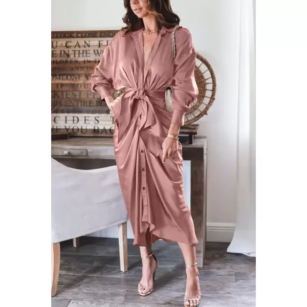 imageBTFBM Women 2023 Long Sleeve Lapel V Neck Button Down Satin Dress Belted Elegant Ruched Summer Fall Maxi Shirt DressesSolid Pink