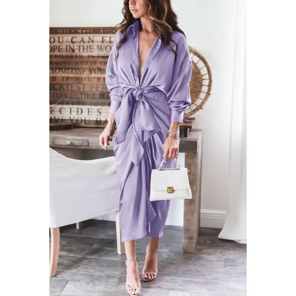 imageBTFBM Women 2023 Long Sleeve Lapel V Neck Button Down Satin Dress Belted Elegant Ruched Summer Fall Maxi Shirt DressesSolid Purple