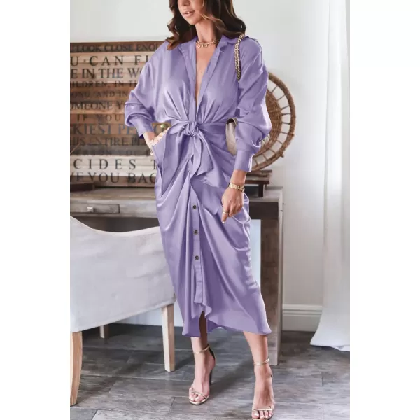 imageBTFBM Women 2023 Long Sleeve Lapel V Neck Button Down Satin Dress Belted Elegant Ruched Summer Fall Maxi Shirt DressesSolid Purple