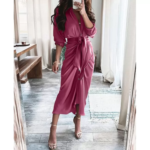 imageBTFBM Women 2023 Long Sleeve Lapel V Neck Button Down Satin Dress Belted Elegant Ruched Summer Fall Maxi Shirt DressesSolid Purple Red