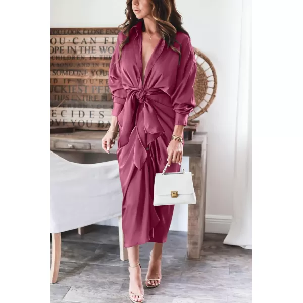 imageBTFBM Women 2023 Long Sleeve Lapel V Neck Button Down Satin Dress Belted Elegant Ruched Summer Fall Maxi Shirt DressesSolid Purple Red