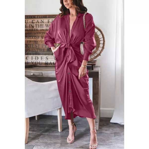 imageBTFBM Women 2023 Long Sleeve Lapel V Neck Button Down Satin Dress Belted Elegant Ruched Summer Fall Maxi Shirt DressesSolid Purple Red