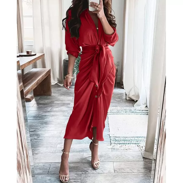 imageBTFBM Women 2023 Long Sleeve Lapel V Neck Button Down Satin Dress Belted Elegant Ruched Summer Fall Maxi Shirt DressesSolid Red