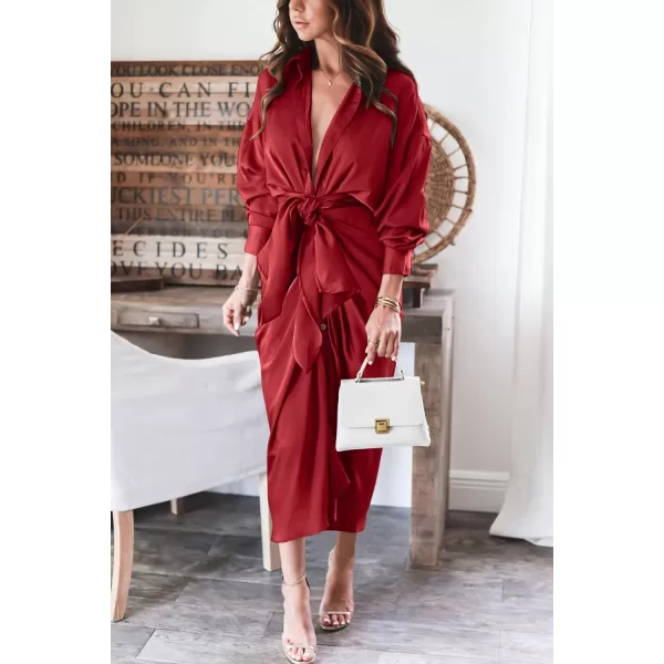 imageBTFBM Women 2023 Long Sleeve Lapel V Neck Button Down Satin Dress Belted Elegant Ruched Summer Fall Maxi Shirt DressesSolid Red