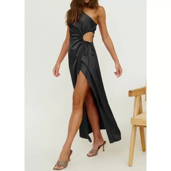imageBTFBM Women 2023 One Shoulder Prom Dresses Sleeveless Cutout Ruched Adjustable Split Satin Party Cocktail Maxi DressSolid Black