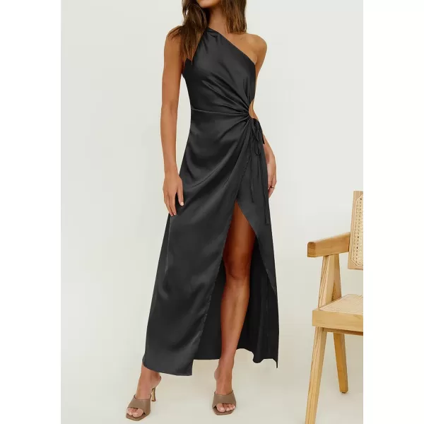 imageBTFBM Women 2023 One Shoulder Prom Dresses Sleeveless Cutout Ruched Adjustable Split Satin Party Cocktail Maxi DressSolid Black
