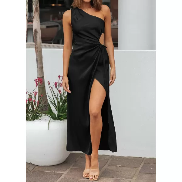 imageBTFBM Women 2023 One Shoulder Prom Dresses Sleeveless Cutout Ruched Adjustable Split Satin Party Cocktail Maxi DressSolid Black