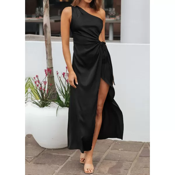 imageBTFBM Women 2023 One Shoulder Prom Dresses Sleeveless Cutout Ruched Adjustable Split Satin Party Cocktail Maxi DressSolid Black