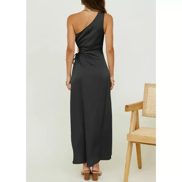 imageBTFBM Women 2023 One Shoulder Prom Dresses Sleeveless Cutout Ruched Adjustable Split Satin Party Cocktail Maxi DressSolid Black