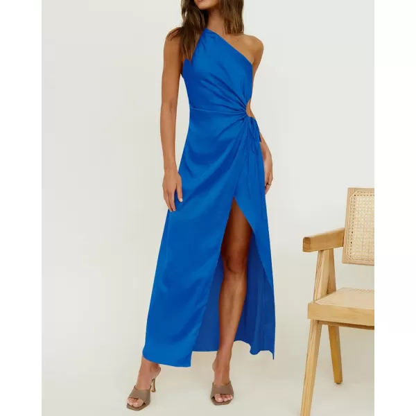 imageBTFBM Women 2023 One Shoulder Prom Dresses Sleeveless Cutout Ruched Adjustable Split Satin Party Cocktail Maxi DressSolid Blue