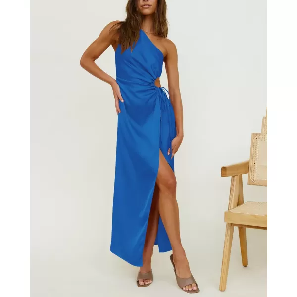 imageBTFBM Women 2023 One Shoulder Prom Dresses Sleeveless Cutout Ruched Adjustable Split Satin Party Cocktail Maxi DressSolid Blue