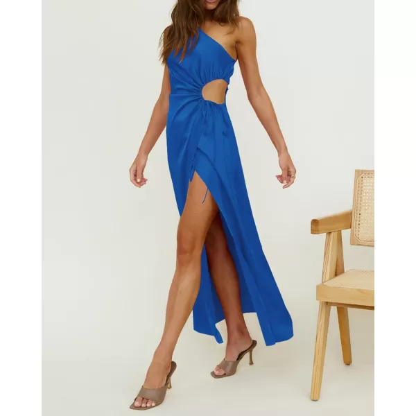 imageBTFBM Women 2023 One Shoulder Prom Dresses Sleeveless Cutout Ruched Adjustable Split Satin Party Cocktail Maxi DressSolid Blue