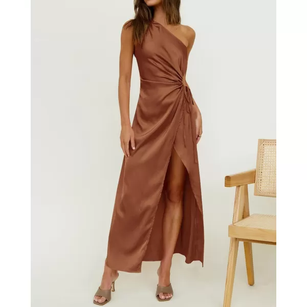 imageBTFBM Women 2023 One Shoulder Prom Dresses Sleeveless Cutout Ruched Adjustable Split Satin Party Cocktail Maxi DressSolid Brown
