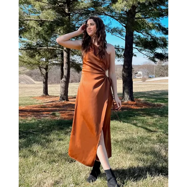 imageBTFBM Women 2023 One Shoulder Prom Dresses Sleeveless Cutout Ruched Adjustable Split Satin Party Cocktail Maxi DressSolid Brown