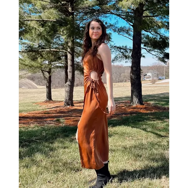 imageBTFBM Women 2023 One Shoulder Prom Dresses Sleeveless Cutout Ruched Adjustable Split Satin Party Cocktail Maxi DressSolid Brown