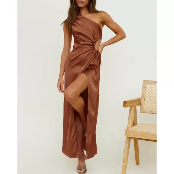 imageBTFBM Women 2023 One Shoulder Prom Dresses Sleeveless Cutout Ruched Adjustable Split Satin Party Cocktail Maxi DressSolid Brown