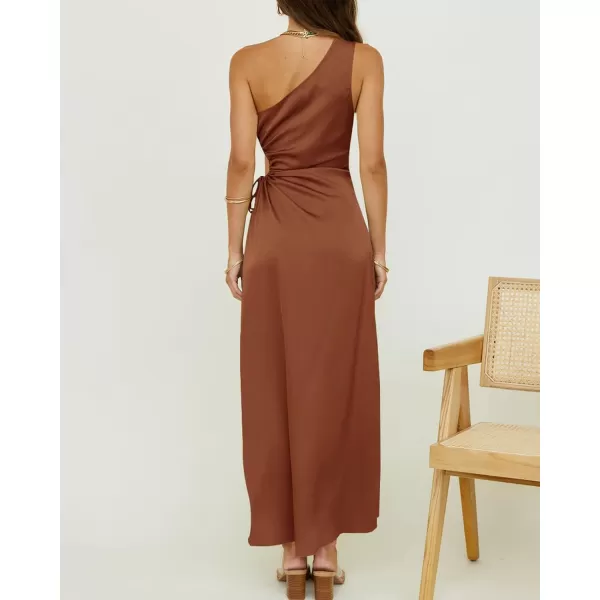 imageBTFBM Women 2023 One Shoulder Prom Dresses Sleeveless Cutout Ruched Adjustable Split Satin Party Cocktail Maxi DressSolid Brown
