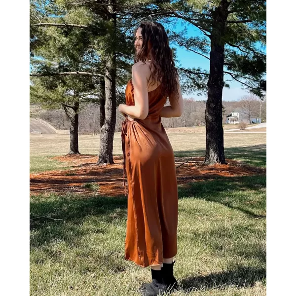 imageBTFBM Women 2023 One Shoulder Prom Dresses Sleeveless Cutout Ruched Adjustable Split Satin Party Cocktail Maxi DressSolid Brown