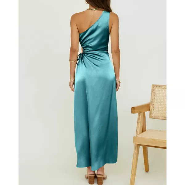imageBTFBM Women 2023 One Shoulder Prom Dresses Sleeveless Cutout Ruched Adjustable Split Satin Party Cocktail Maxi DressSolid Lake Blue