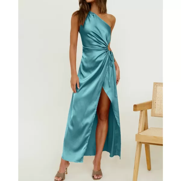 imageBTFBM Women 2023 One Shoulder Prom Dresses Sleeveless Cutout Ruched Adjustable Split Satin Party Cocktail Maxi DressSolid Lake Blue