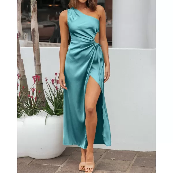 imageBTFBM Women 2023 One Shoulder Prom Dresses Sleeveless Cutout Ruched Adjustable Split Satin Party Cocktail Maxi DressSolid Lake Blue
