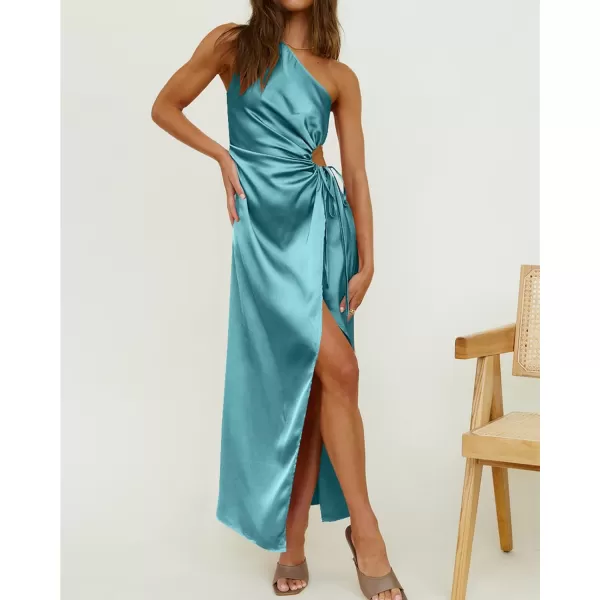 imageBTFBM Women 2023 One Shoulder Prom Dresses Sleeveless Cutout Ruched Adjustable Split Satin Party Cocktail Maxi DressSolid Lake Blue