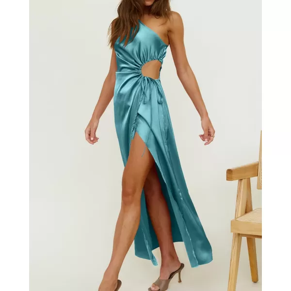 imageBTFBM Women 2023 One Shoulder Prom Dresses Sleeveless Cutout Ruched Adjustable Split Satin Party Cocktail Maxi DressSolid Lake Blue