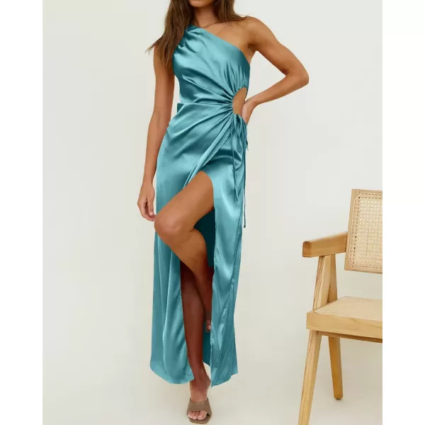 imageBTFBM Women 2023 One Shoulder Prom Dresses Sleeveless Cutout Ruched Adjustable Split Satin Party Cocktail Maxi DressSolid Lake Blue