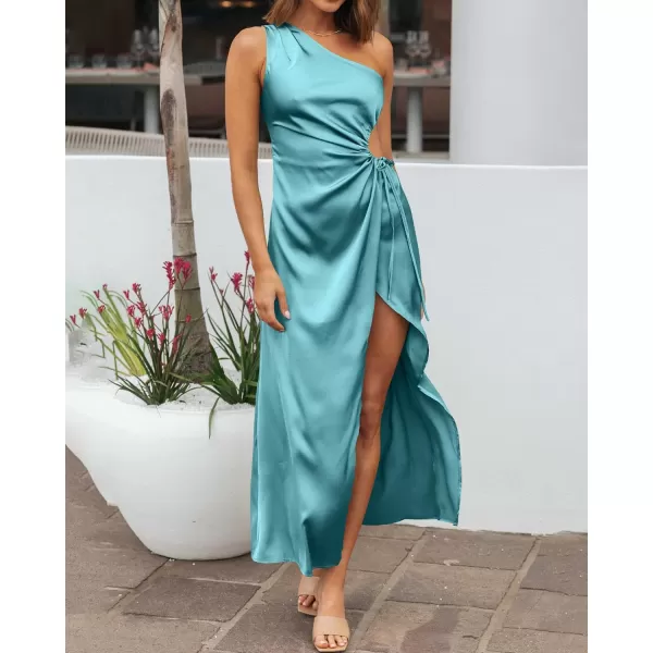 imageBTFBM Women 2023 One Shoulder Prom Dresses Sleeveless Cutout Ruched Adjustable Split Satin Party Cocktail Maxi DressSolid Lake Blue