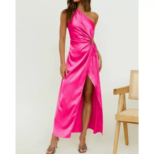 imageBTFBM Women 2023 One Shoulder Prom Dresses Sleeveless Cutout Ruched Adjustable Split Satin Party Cocktail Maxi DressSolid Rose Red