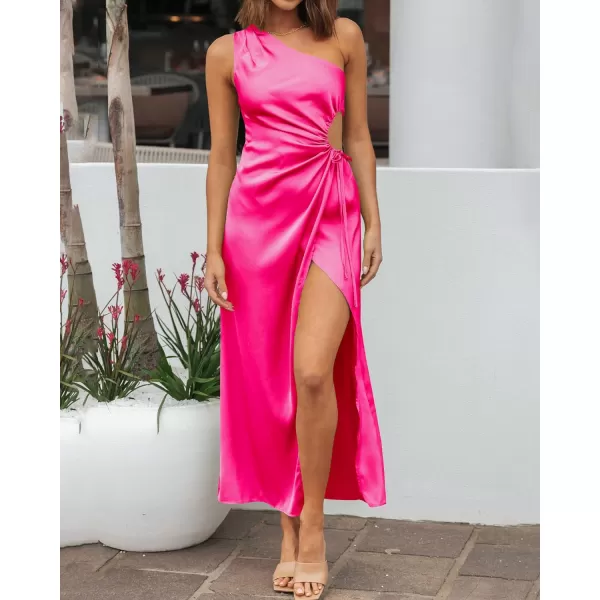 imageBTFBM Women 2023 One Shoulder Prom Dresses Sleeveless Cutout Ruched Adjustable Split Satin Party Cocktail Maxi DressSolid Rose Red
