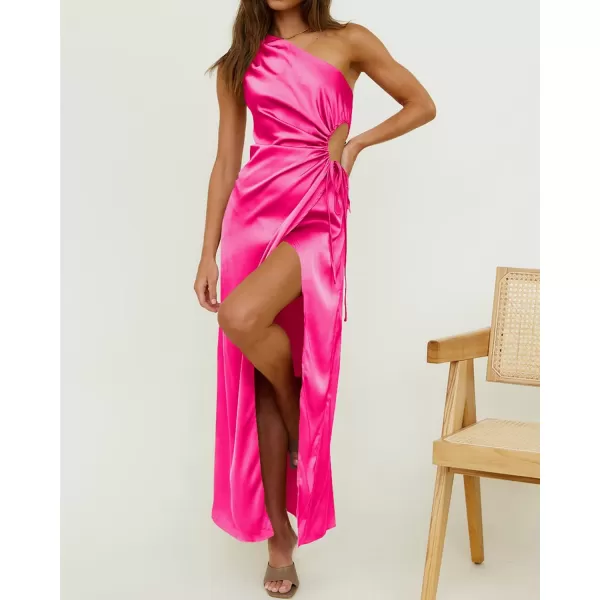 imageBTFBM Women 2023 One Shoulder Prom Dresses Sleeveless Cutout Ruched Adjustable Split Satin Party Cocktail Maxi DressSolid Rose Red