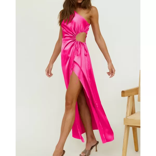 imageBTFBM Women 2023 One Shoulder Prom Dresses Sleeveless Cutout Ruched Adjustable Split Satin Party Cocktail Maxi DressSolid Rose Red