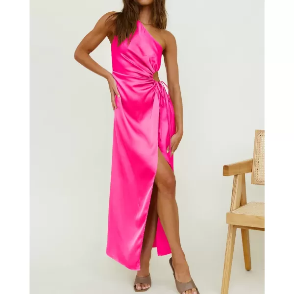 imageBTFBM Women 2023 One Shoulder Prom Dresses Sleeveless Cutout Ruched Adjustable Split Satin Party Cocktail Maxi DressSolid Rose Red