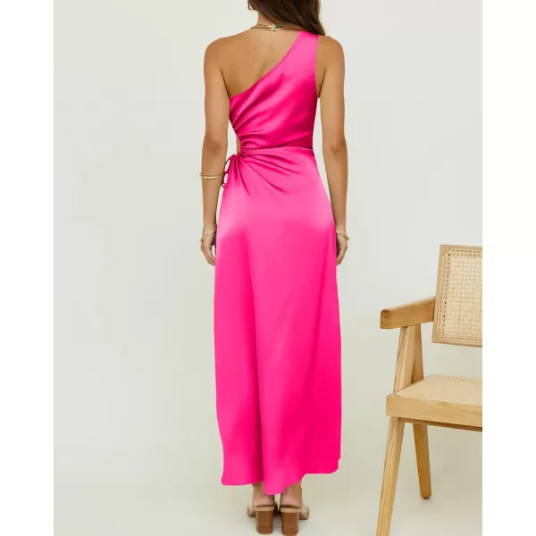 imageBTFBM Women 2023 One Shoulder Prom Dresses Sleeveless Cutout Ruched Adjustable Split Satin Party Cocktail Maxi DressSolid Rose Red