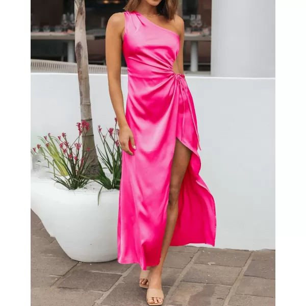 imageBTFBM Women 2023 One Shoulder Prom Dresses Sleeveless Cutout Ruched Adjustable Split Satin Party Cocktail Maxi DressSolid Rose Red